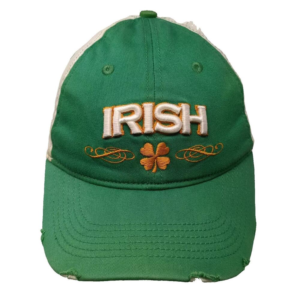 Falcon Baseball Cap Green Beige OS Irish Shamrock Distressed Fitted Hat Clover